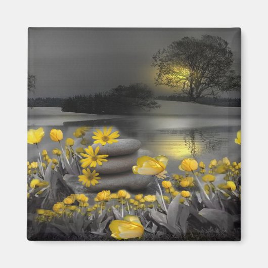 Graue und gelbe Tulpen, Gänse mit Sonnenuntergang Magnet (Vorne)