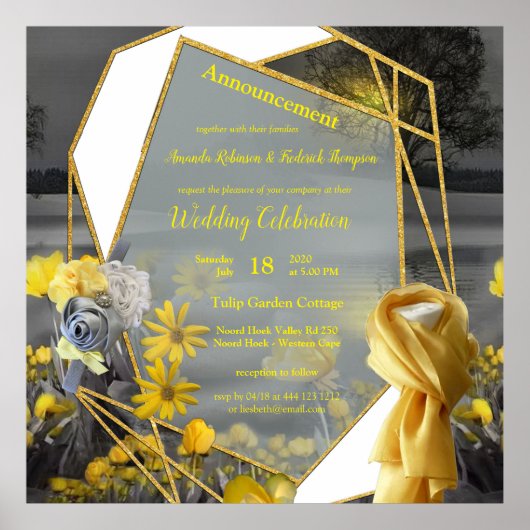 Graue und gelbe Tulpen, Gänse mit Sonnenuntergang Poster (Vorne)