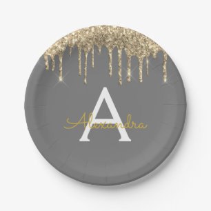 Graue und goldene Glitter-Monogramm-Geburtstagsfei Pappteller