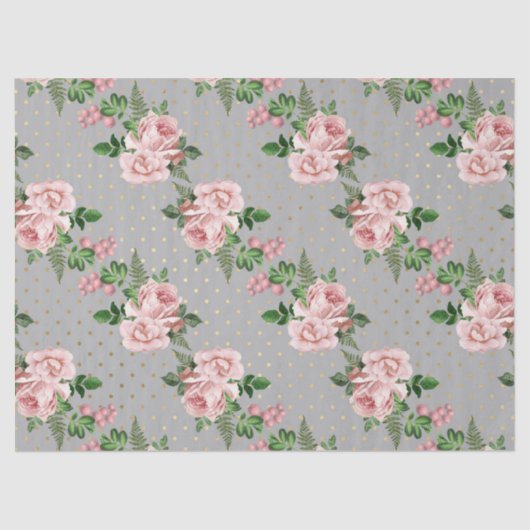 Graue und goldene Polka-Punkte mit rosa Rosen-Deco Seidenpapier (Vorderseite)