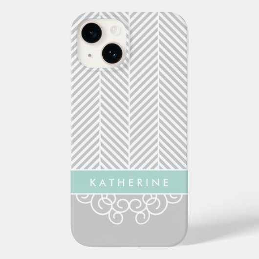 Graue und Minze Herringbone Swirl Custom Monogram Case-Mate iPhone Hülle (Rückseite)