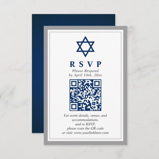 Graue und Navy Blue Bar Mitzvah QR Code UAWG Begleitkarte (Vorne/Hinten)