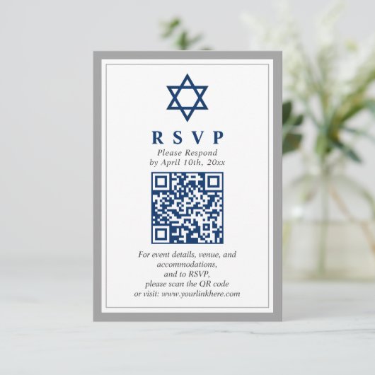 Graue und Navy Blue Bar Mitzvah QR Code UAWG Begleitkarte (Stehend Vorderseite)