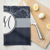 Graue und Navy Floral Wisps & Stripes mit Monogram Geschirrtuch (Viertel Falte)