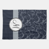Graue und Navy Floral Wisps & Stripes mit Monogram Geschirrtuch (Horizontal)