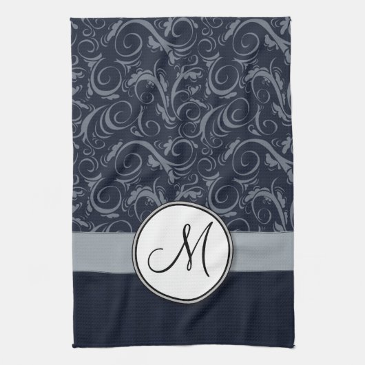 Graue und Navy Floral Wisps & Stripes mit Monogram Geschirrtuch (Vertikal)
