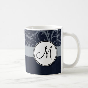 Graue und Navy Floral Wisps & Stripes mit Monogram Kaffeetasse