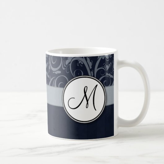 Graue und Navy Floral Wisps & Stripes mit Monogram Kaffeetasse (Rechts)