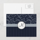 Graue und Navy Floral Wisps & Stripes mit Monogram Postkarte (Vorne/Hinten)