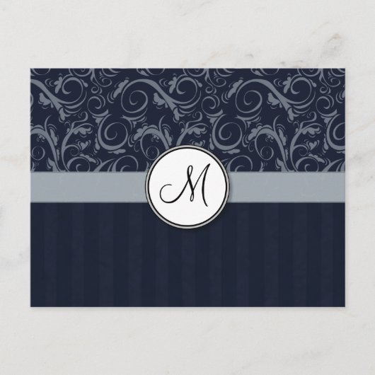 Graue und Navy Floral Wisps & Stripes mit Monogram Postkarte (Vorderseite)