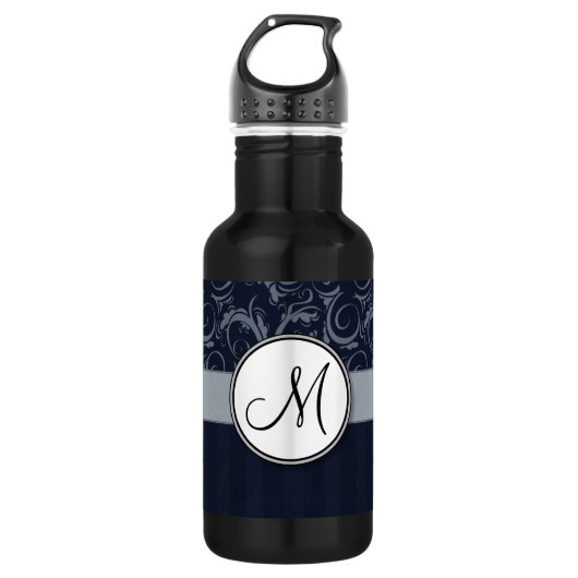 Graue und Navy Floral Wisps & Stripes mit Monogram Trinkflasche (Vorderseite)