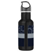 Graue und Navy Floral Wisps & Stripes mit Monogram Trinkflasche (Rückseite)