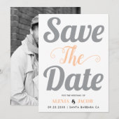 Graue und pfirsichfarbene Typografie und Foto auf  Save The Date (Vorne/Hinten)