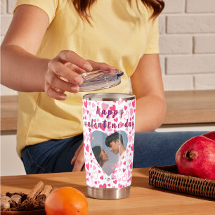 Graue und rosa Ästhetik Valentinstag-Foto Thermosbecher