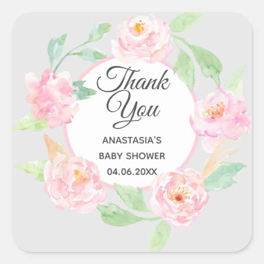 Graue und rosa Blumenstrauß Dankeschön Kinderdusch Quadratischer Aufkleber (Vorderseite)
