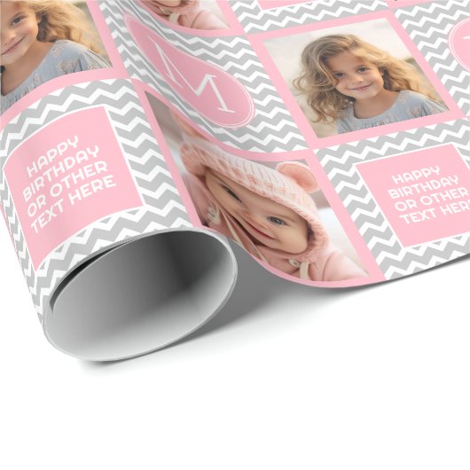 Graue und rosa Chevronen - Foto und Monogramm Geschenkpapier (Rolleneckpunkt)