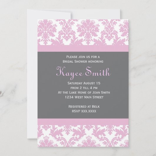 Graue und rosa Damast-Einladung Einladung (Vorderseite)