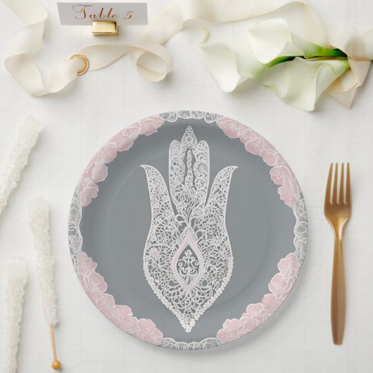 Graue und rosa Muster KI-Kunst Pappteller (Hochzeit)