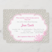 Graue und rosa Schneeflocke Kinderdusche Einladung (Vorne/Hinten)