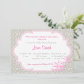 Graue und rosa Schneeflocke Kinderdusche Einladung (Stehend Vorderseite)