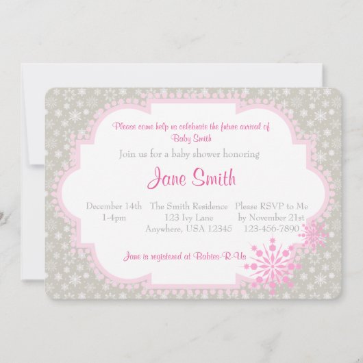Graue und rosa Schneeflocke Kinderdusche Einladung (Vorderseite)