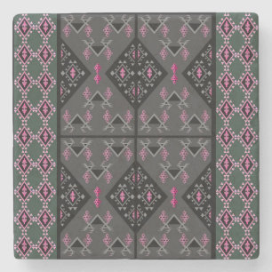 Graue und rosa Vögel und Trauben Kilim Muster Steinuntersetzer