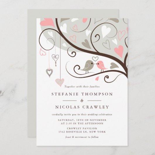 Graue und rosa Whimsical Lovebirds Hochzeit Einladung (Vorne/Hinten)
