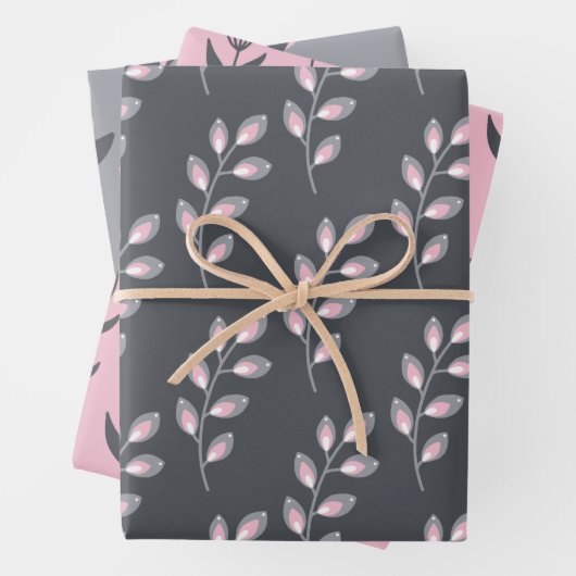 graue und rosafarbene Blumenumhüllungsblätter Geschenkpapier Set (Beispiel)