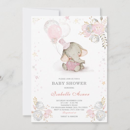 Graue und rosafarbene Elefantendusche Einladung (Vorderseite)