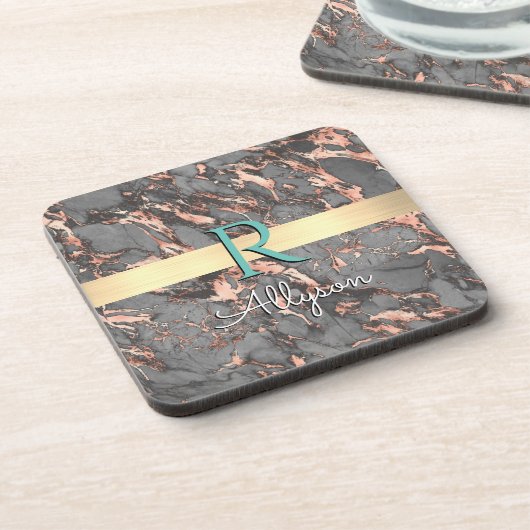 Graue und Rose Gold-Marmor, Gold-Bar, Name & Monog Getränkeuntersetzer (Linke Seite)
