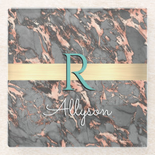 Graue und Rose Gold-Marmor, Gold-Bar, Name & Monog Glasuntersetzer