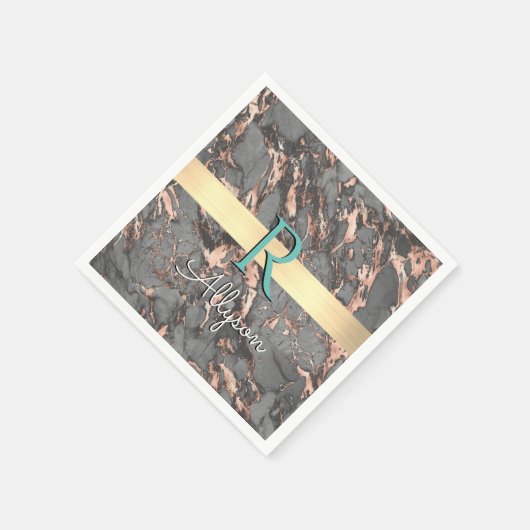 Graue und Rose Gold-Marmor, Gold-Bar, Name & Monog Serviette (Ecke)