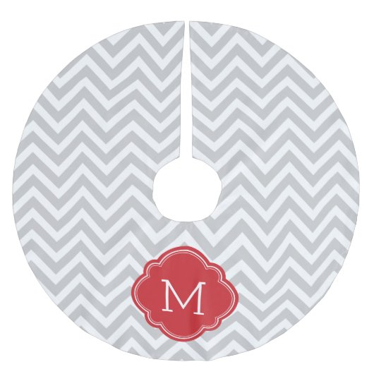 Graue und rote Zickzack Monogramm Polyester Weihnachtsbaumdecke (Vorderseite)