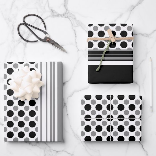 Graue und schwarze Polka Dots Geschenkpapier Set (Vorderseite)