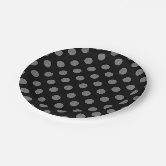 Graue und schwarze Polka-Punkte Pappteller (Schrägansicht)