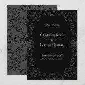 Graue und schwarze Swirl Gothic Wedding Einladung (Vorne/Hinten)