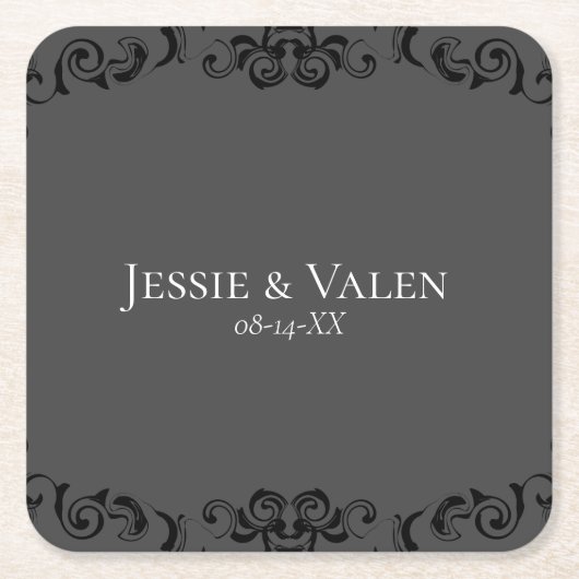 Graue und schwarze Swirl Gothic Wedding Rechteckiger Pappuntersetzer (Vorderseite)