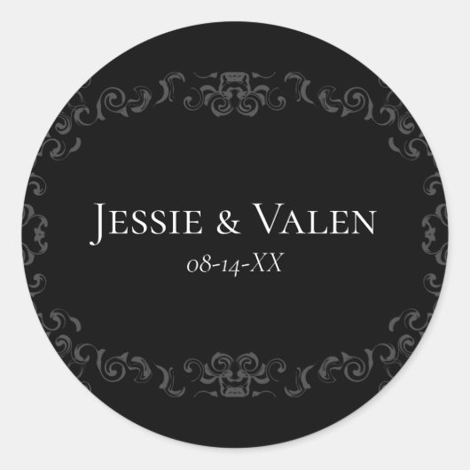 Graue und schwarze Swirl Gothic Wedding Runder Aufkleber (Vorderseite)