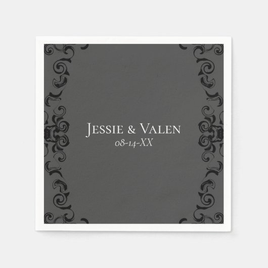 Graue und schwarze Swirl Gothic Wedding Serviette (Vorderseite)