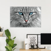 Graue und schwarze Tabby Katze mit schönen blauen Poster (Heimbüro)