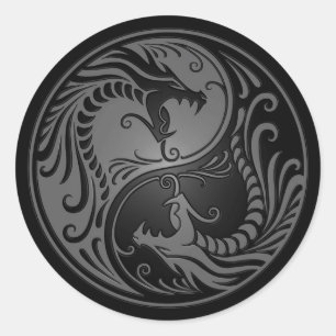 Graue und schwarze Yin Yang Drachen Runder Aufkleber