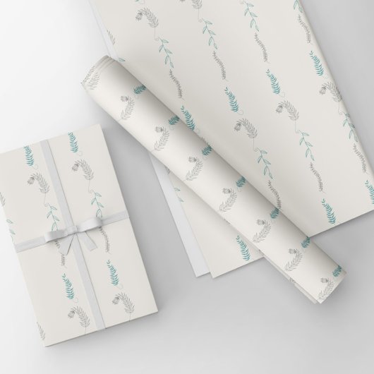 Graue und türkisfarbene Blumendoodles in Weiß. Geschenkpapier Set