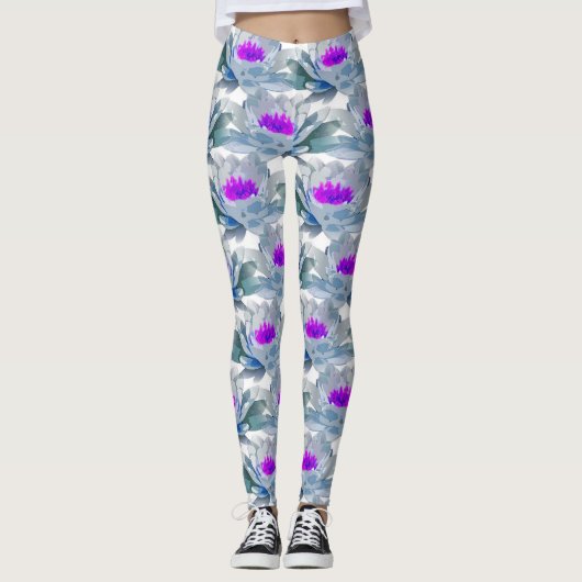 Graue und violette Blumenmuster Leggings (Vorderseite)