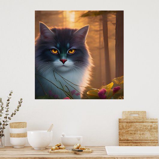 Graue und weiße flauschige Waldkatze , Fantasie Poster (Küche)