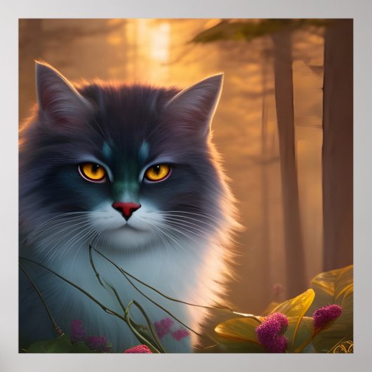 Graue und weiße flauschige Waldkatze , Fantasie Poster (Vorne)