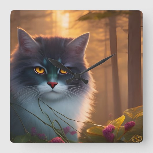 Graue und weiße flauschige Waldkatze, Fantasie Quadratische Wanduhr (Vorderseite)