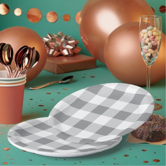 Graue und weiße Gingham-Muster Pappteller (Multi)