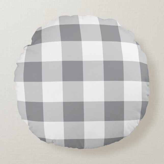 Graue und weiße Gingham-Muster Rundes Kissen (Vorderseite)