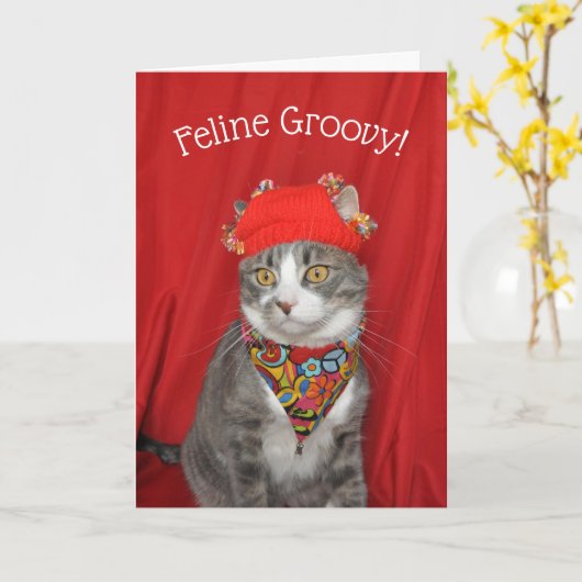 Graue und weiße Katze Hippie Valentine oder Geburt Karte (Gelbe Blume)