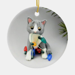Graue und weiße Katze Keramik Ornament